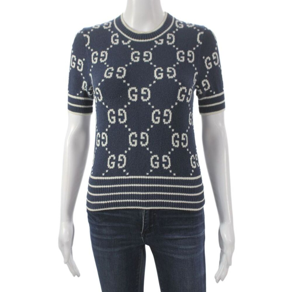 Gucci Unisex Pullover Sweater Dark Blue Crew Neck Short Sleeve Size XS